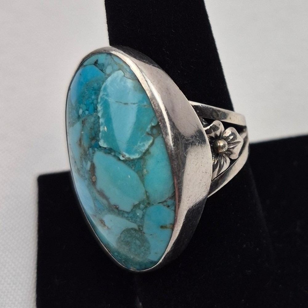 Sterling Silver Turquoise Ring Size 8.5 Statement Floral Scroll Boho 925 Signed - Picture 4 of 12